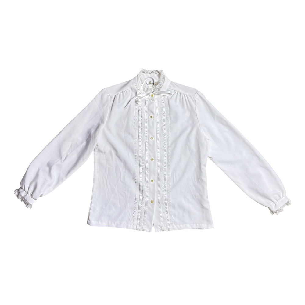 Rhoda Lee Vintage White Lace Trim Bow Neck Blouse Long Sleeve